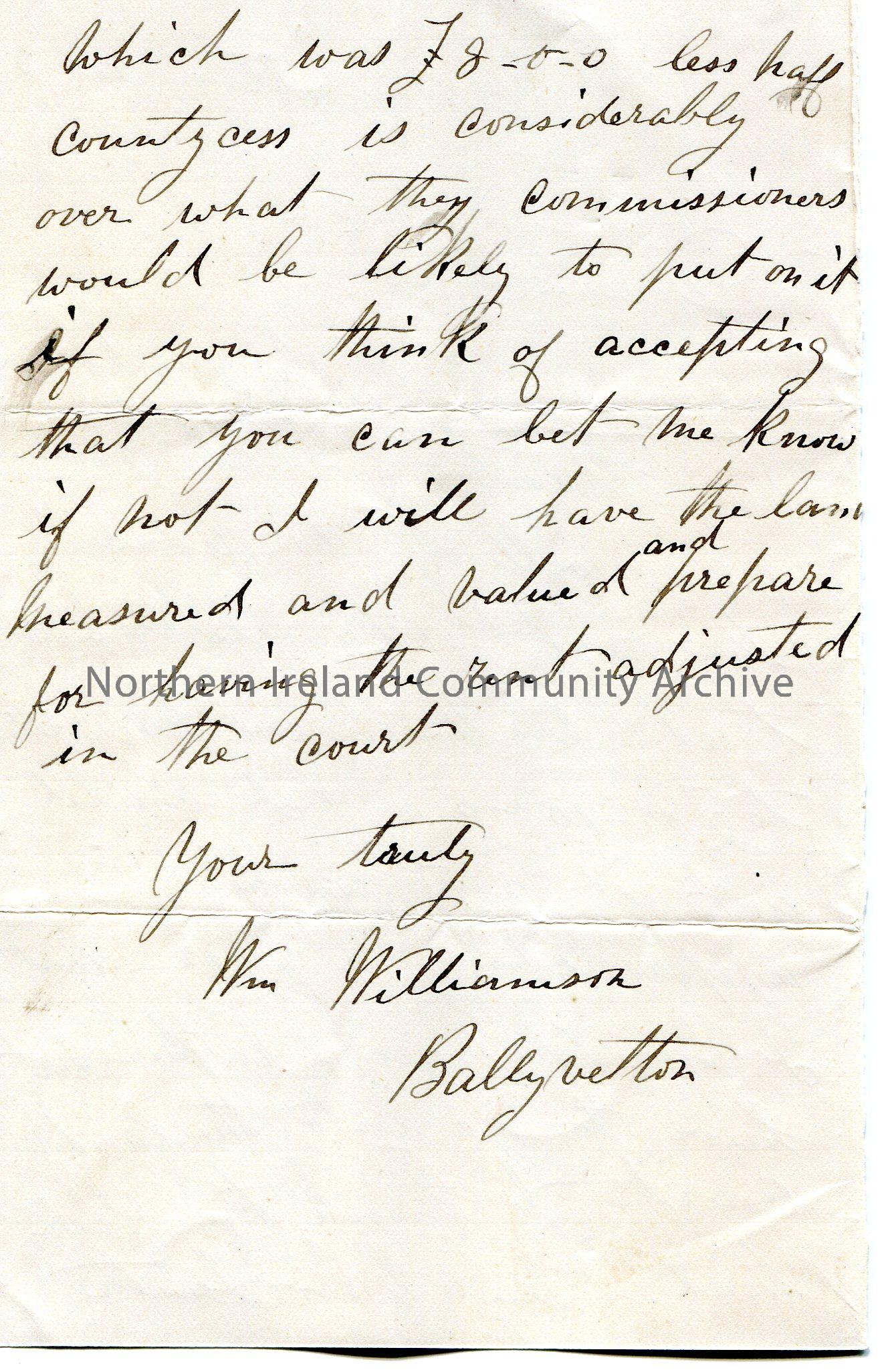 Handwritten letter to ‘Dear Sir’. Writing re the renting of a farm which they hold in Ballyvelton. Would prefer the recipient to accept an offer of &#… – scan019b