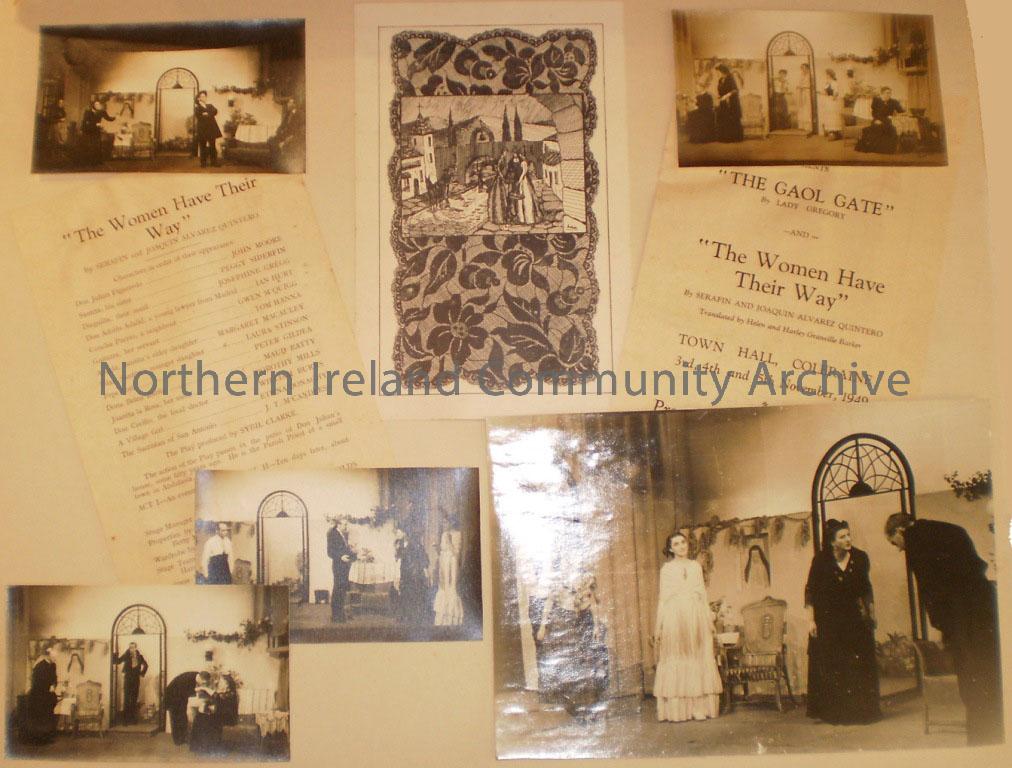 A board displaying five black and white photographs and two programmes which relate to Coleraine Drama Club. The programme reads – Coleraine Drama Clu…