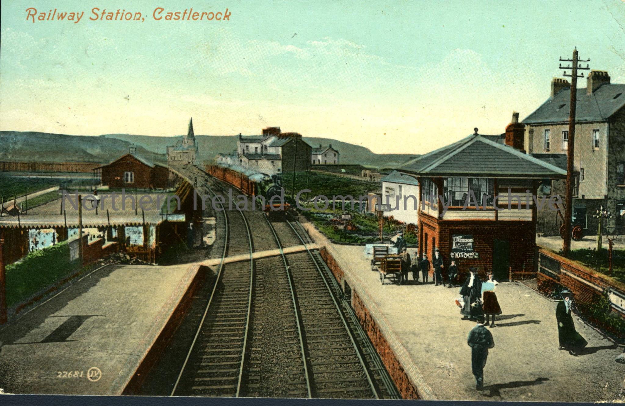 Railway Station, Castlerock. (Colour) Dated 1910.