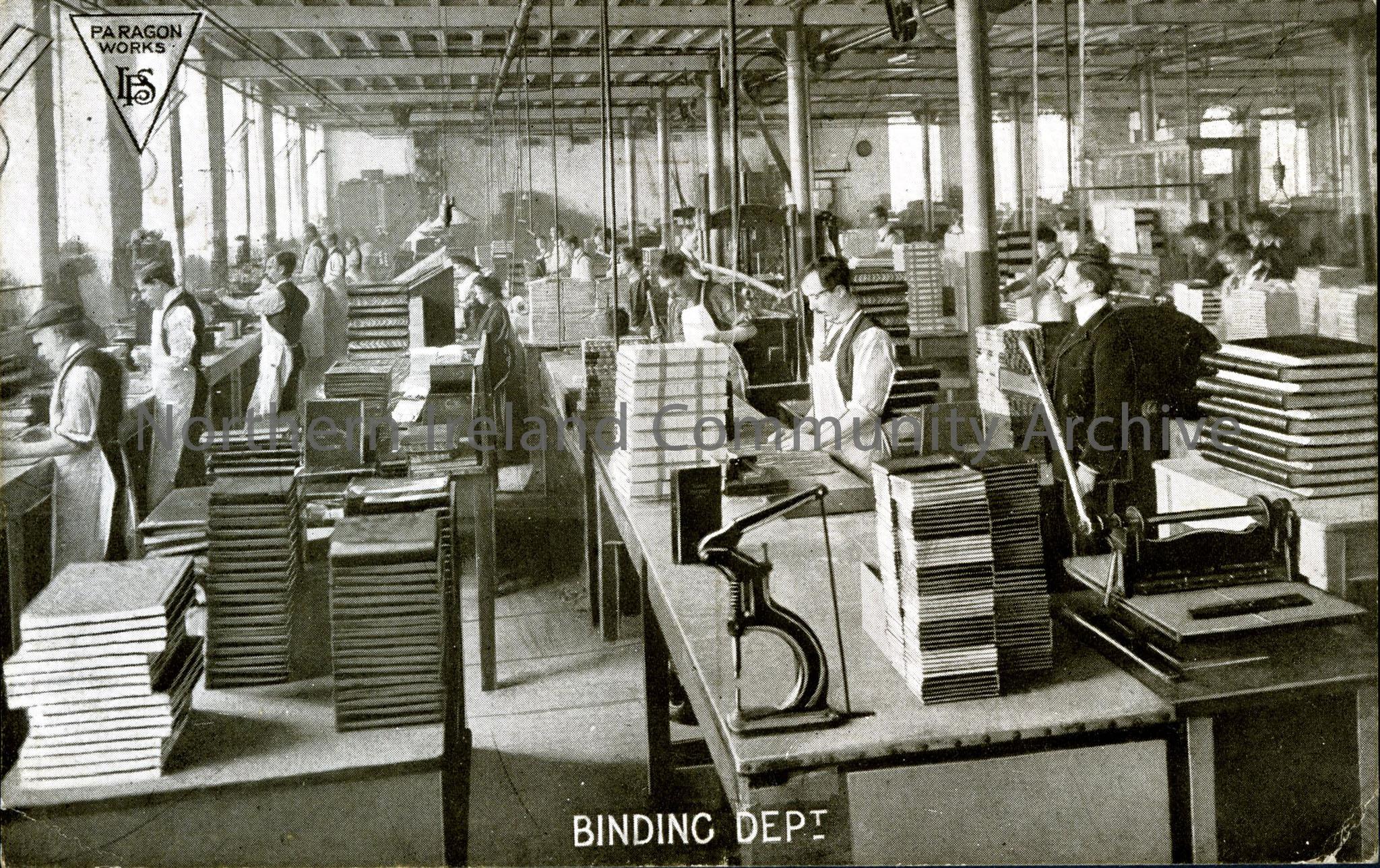 ‘Binding Dept’ Men working on binding books. (black and white) Handwriting on reverse.