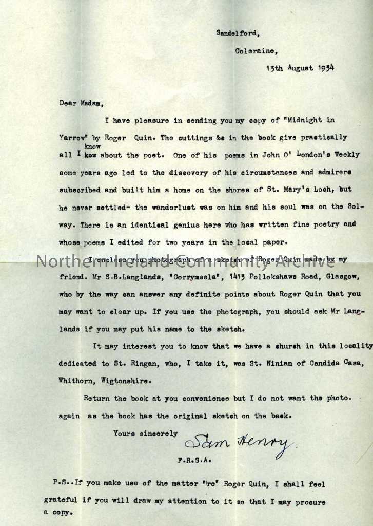 Typed letter to unknown lady from Sam Henry in 1934, re lending Midnight in Yarrow to addressee. Refers to the cuttings in the book about author Roger…