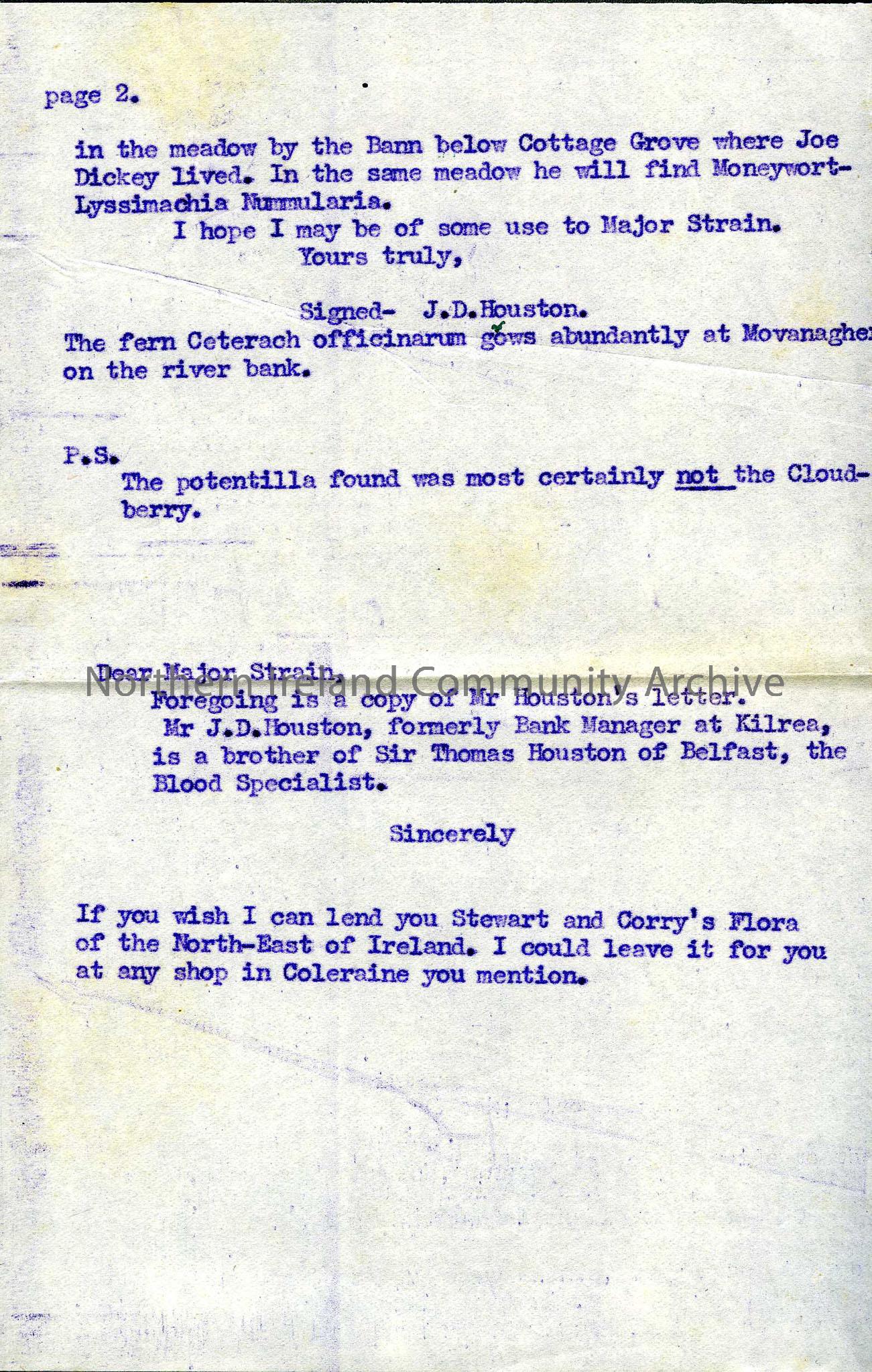 typed letter – 2nd of 2 pages. a copyof a letter to Sam Henry from J D Houston, re plants on Portstewart golf course, and forwarded, with an addendum …
