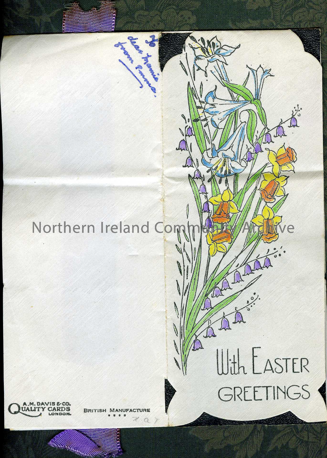 paper bookmark, with Easter message, spring flowers and lilac ribbon, addressed to Dear Maimie from Emma.