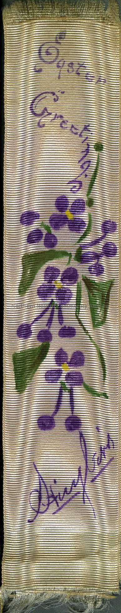 piece of ribbon handpainted with lilac flowers and greenery, with Easter greeting, to use as bookmark