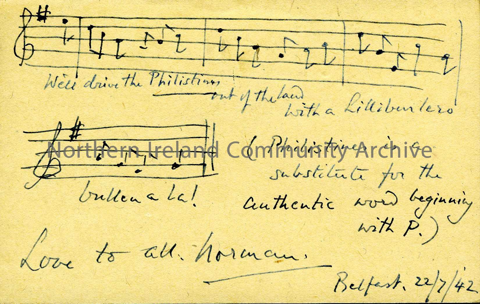 postcard addressed to Sam Henry, with words and music score of 1 line of a song on reverse – from Norman