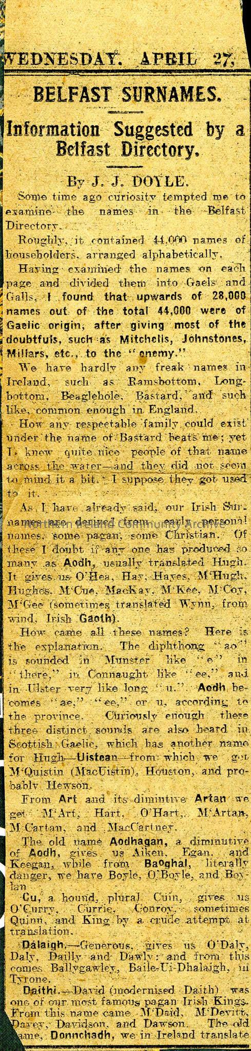 Belfast Surnames – Information Suggested by a Belfast Directory