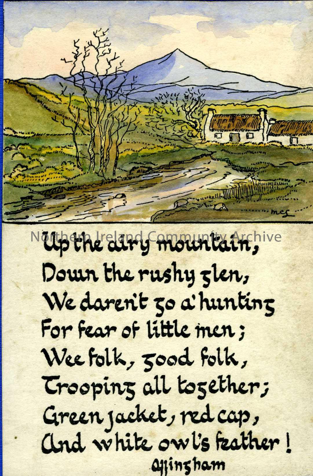 This is an illustrated poem, a verse by William Allingham, affixed to the front cover of CM:2011:457.1 The illustration has the style of that found on…