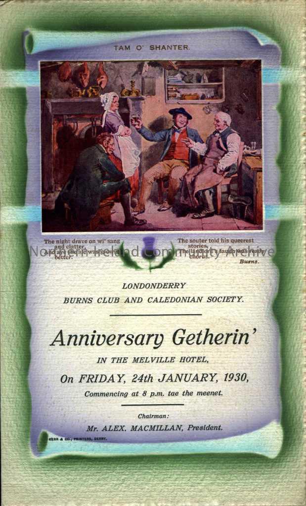 Programme of dinner menu and evenings events for Burns Supper on 24th January 1930.