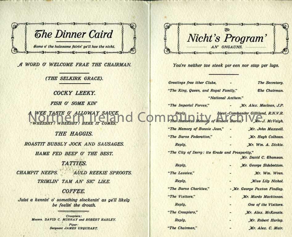 Programme of dinner menu and evenings events for Burns Supper on 24th January 1930. – 475_12B