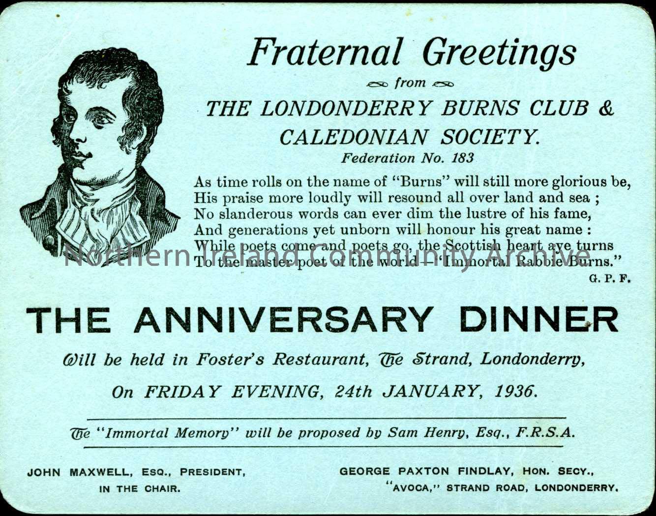 Ticket for Burns Super on 24th January 1936, highlighting Sam Henry’s speech titled The Immortal Memory