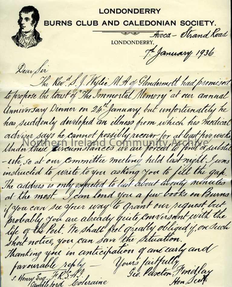 Letter asking Sam to give the Immortal Memory address at the Burns Supper in 24th January, 1936 – the original speaker had taken ill