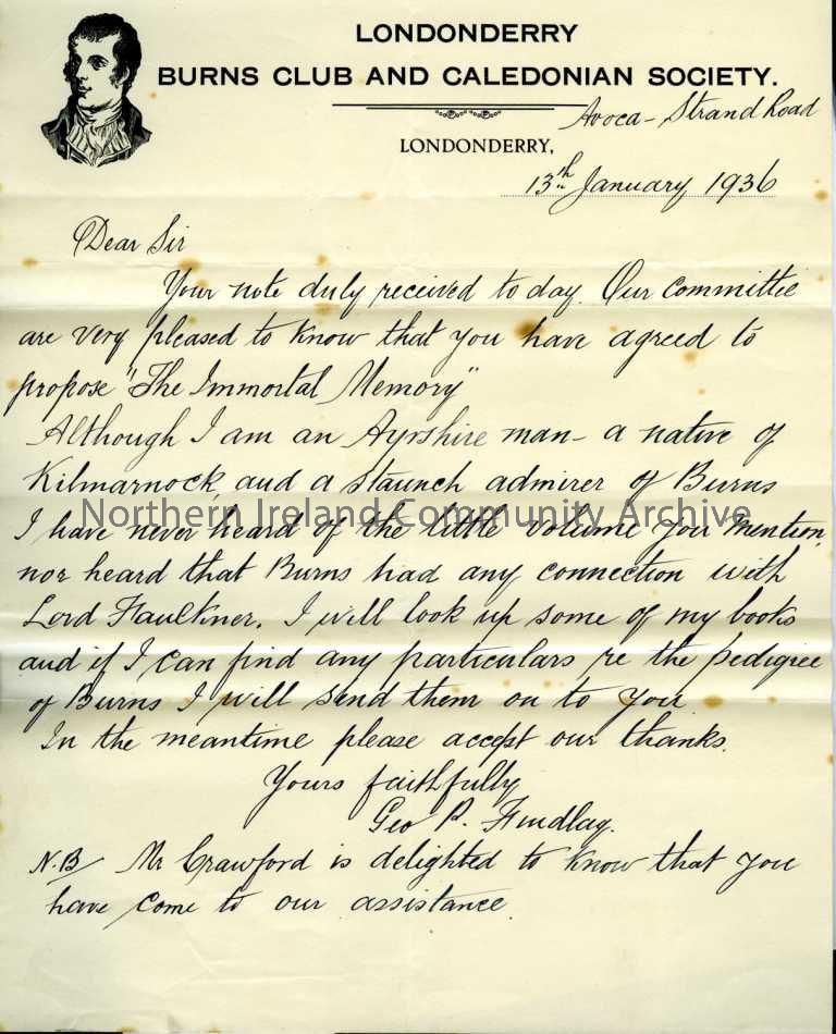 Letter thanking Sam for agreeing to give the Immortal Memory speech at the Annual Burns Supper, 24th January 1936