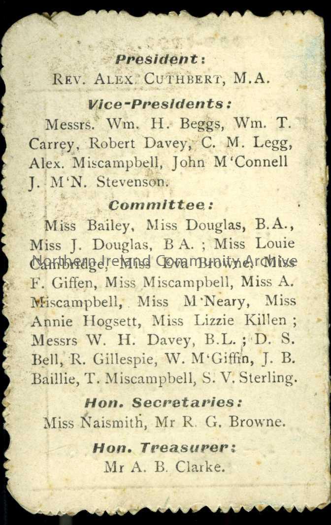 membership card of Carrickfergus First presbyterian Church’s Young People’s Guild, 1908-1909 session. Details of committee members on reverse – 482B