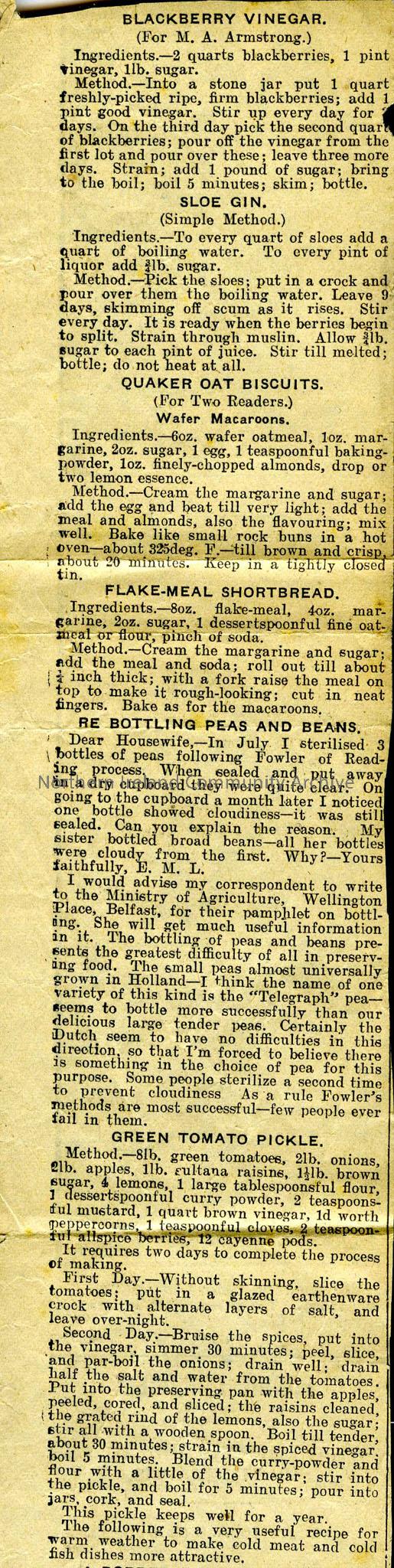 newspaper cutting with range of recipes – long thin article – scanned in 2 pieces