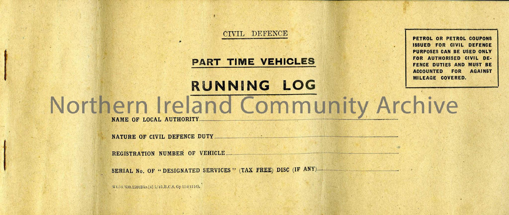 Stapled, brown paper covered book – Civil Defence – Part time vehicles running log book kept by Mrs Hilda G. Robertosn, the Casualty officer, in Garva…