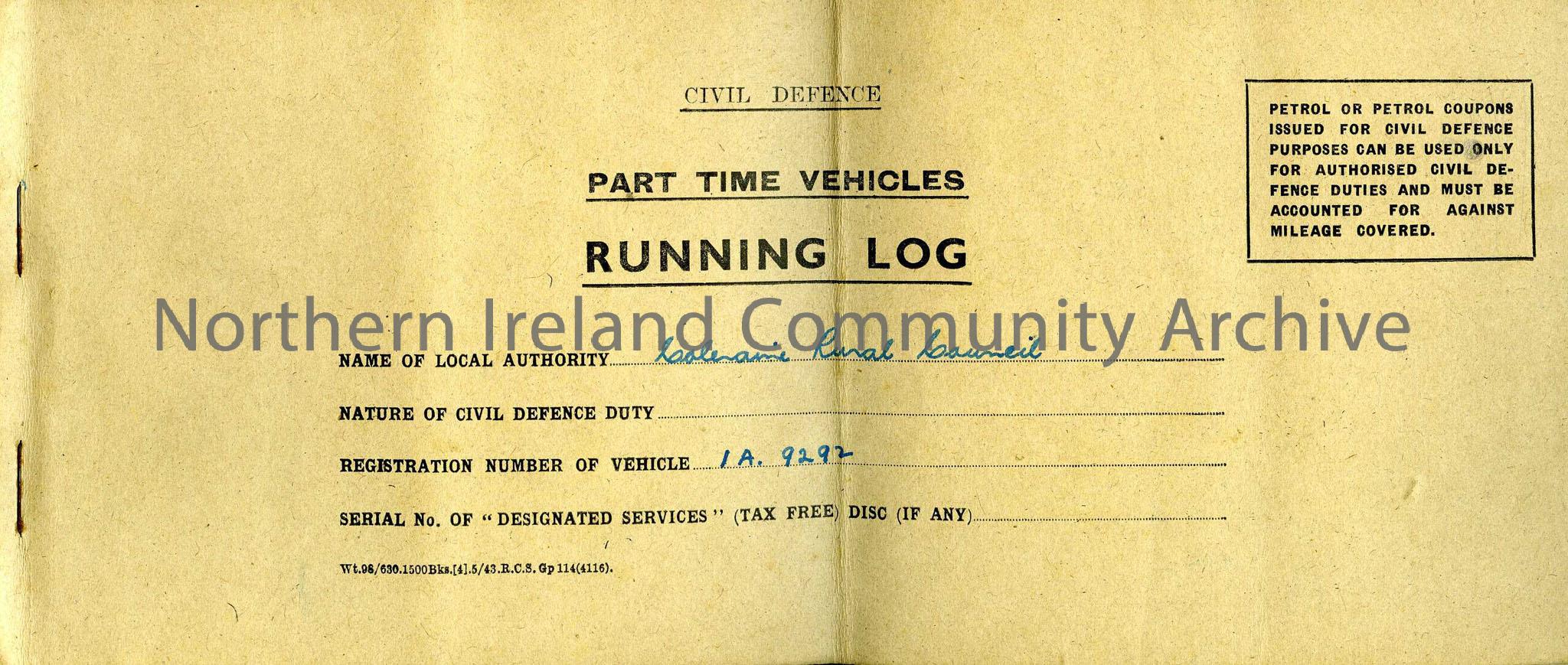 Stapled, brown paper covered book – Civil Defence – Part time vehicles running log book kept by Mrs Hilda G. Robertson, the Casualty officer, in Garva…