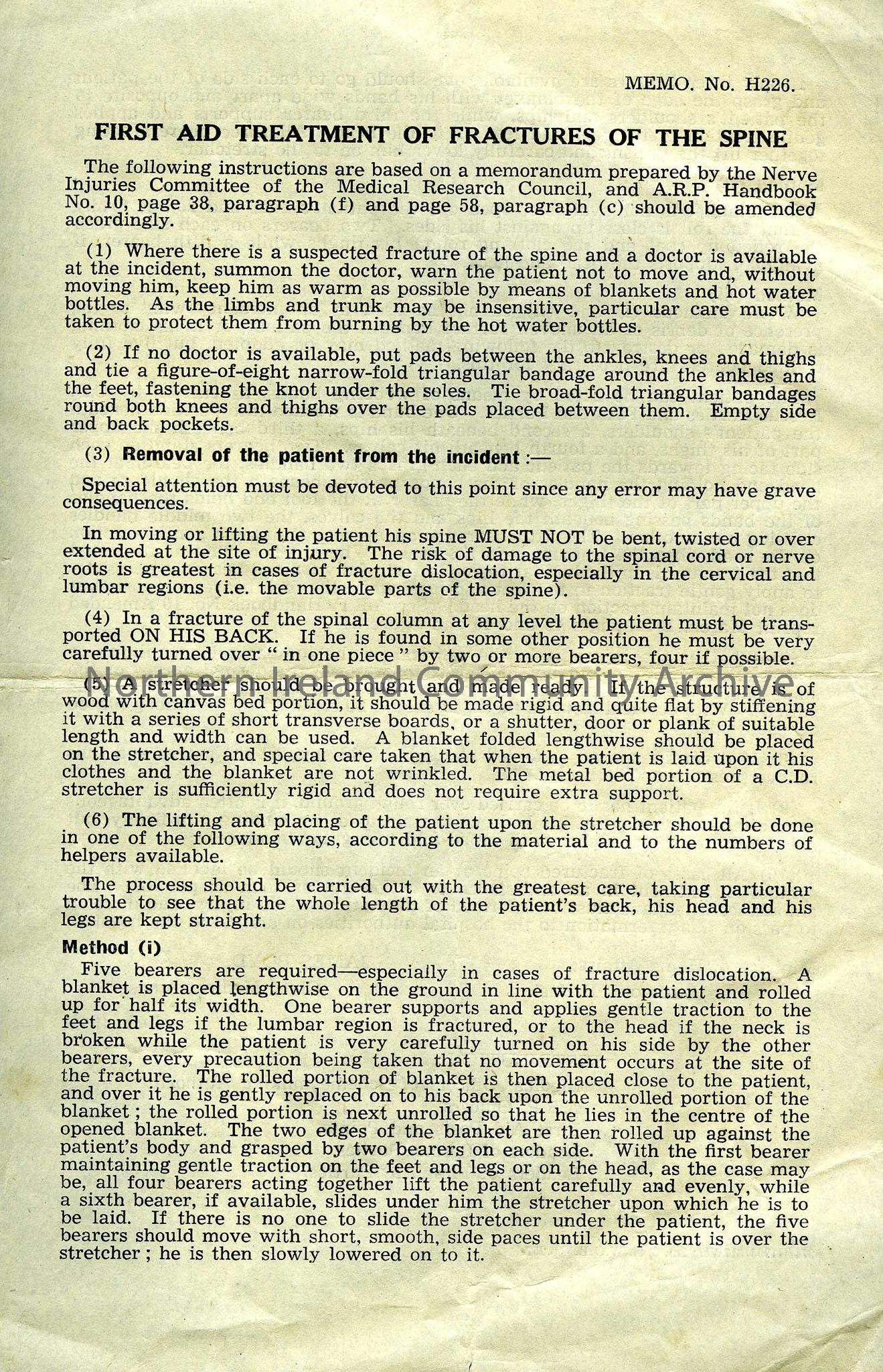 Information leaflet titled “First Aid Treatment of Fractures of the Spine” written by James Boyd, Chief Medical Adviser, June, 1944. To be distributed…