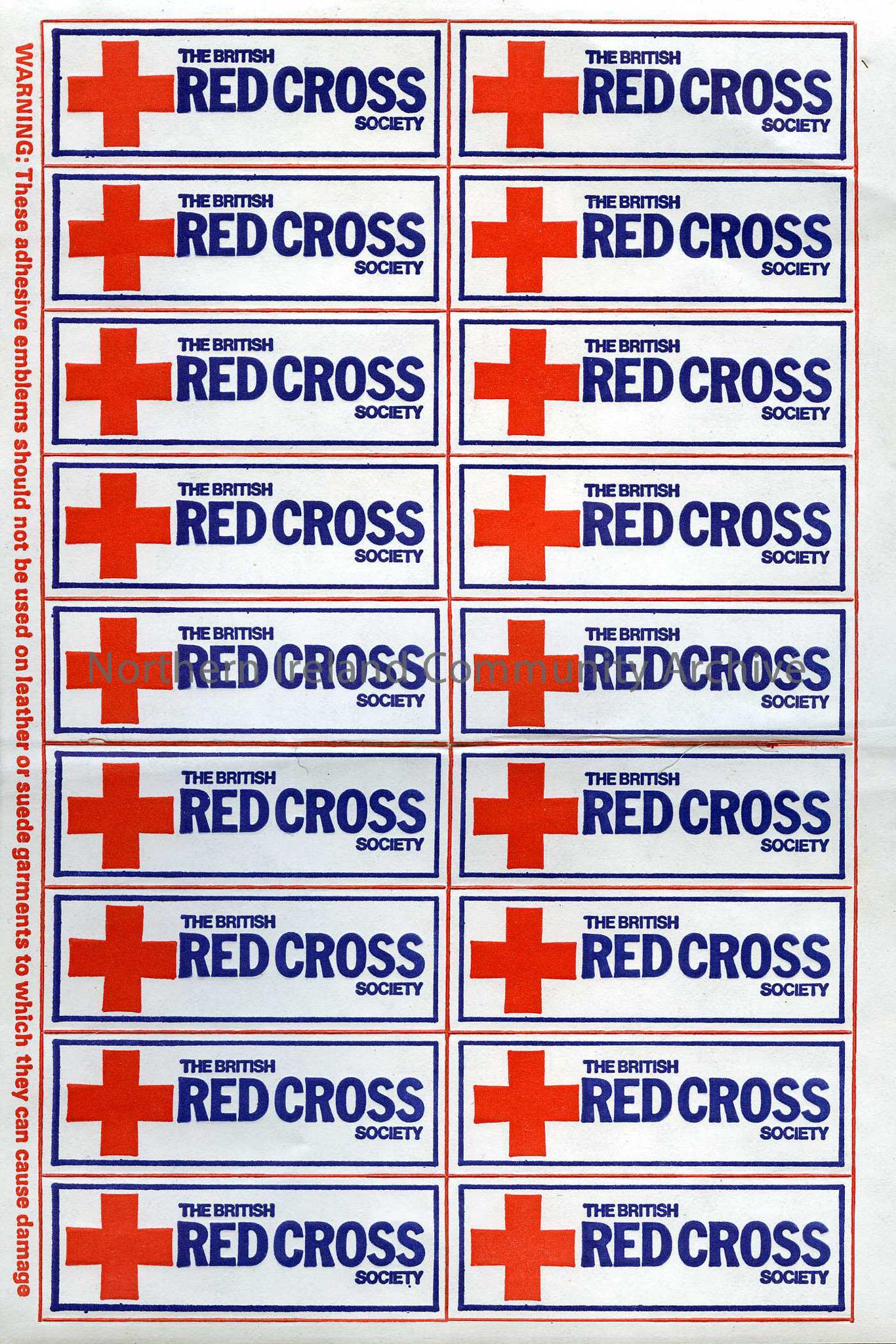 One page containing eighteen “The British Red Cross Society” stickers.