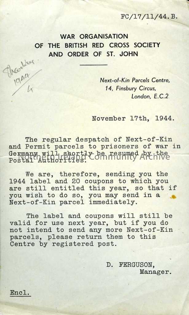 Typed notice on headed paper – “War Organisation of the British Red Cross Society and Order of St John”, dated 17th November 1944 and from D.Ferguson,…
