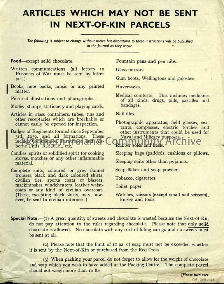 Double sided page, titled “Articles which may not be sent in next-of-kin parcels” on one side. This lists items which shouldn’t be sent in a parcel an… – 141B