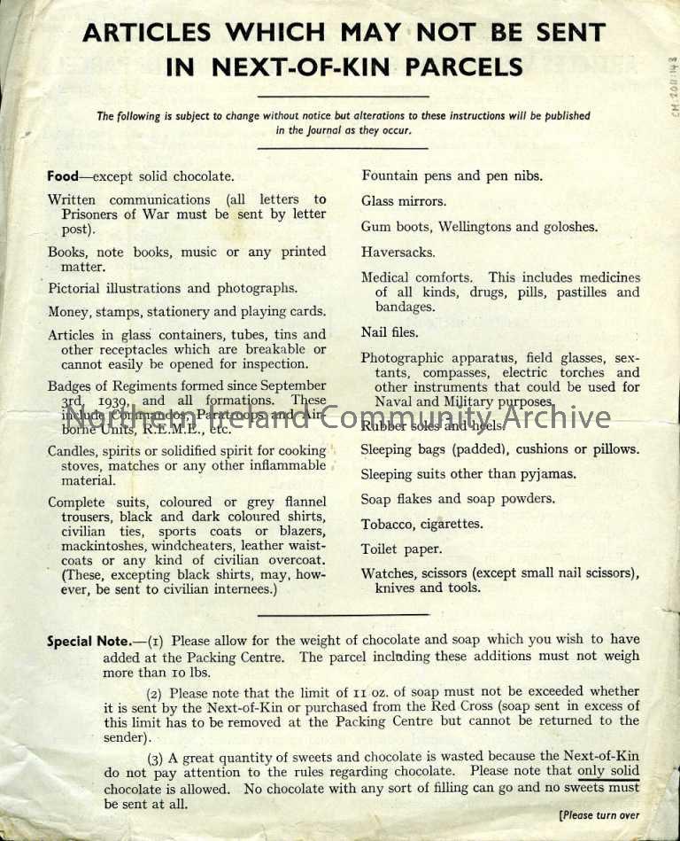 Double sided page, titled “Articles which may not be sent in next-of-kin parcels” on one side. The other side is titled “Articles which may be sent in…