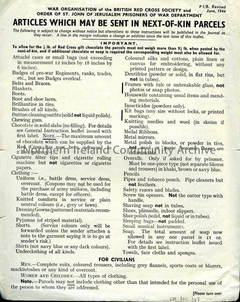 Double sided page, titled “Articles which may not be sent in next-of-kin parcels” on one side. The other side is titled “Articles which may be sent in… – 143B