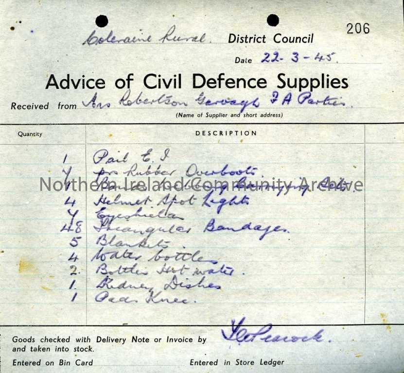 Advice of Civil Defence Supplies (no. 206) headed “Coleraine Rural District Council”. Received from, Miss Robertson, Garvagh F A Parties and dated 22….