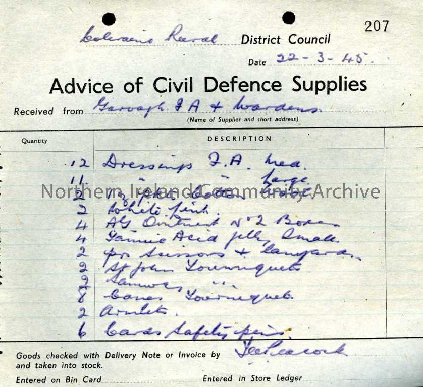 Advice of Civil Defence Supplies (no. 207) headed “Coleraine Rural District Council”. Received from Garvagh F A and wardens and dated 22.3.1945.