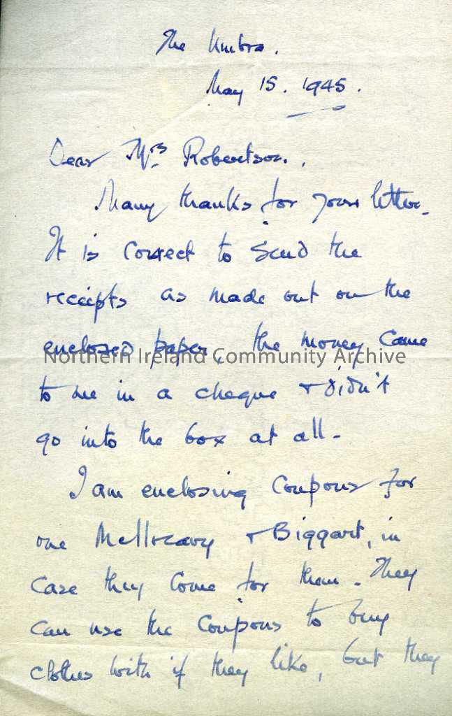 Handwritten letter addressed to Mrs Robertson from Lady Taylor dated 15th May 1945. Addressed from The Umbra. Letter is regarding receipt for money re…
