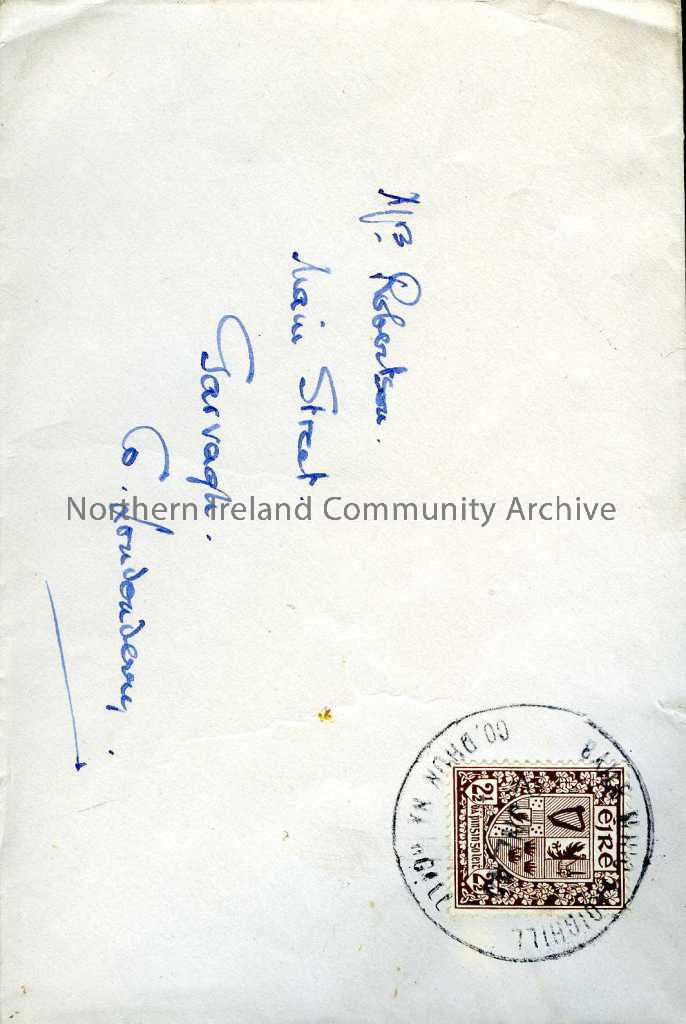 Addressed to Mrs Robertson, Main Street, Garvagh, Co.Londonderry. With an Irish stamp, posted from Co.Dhun na Ngall