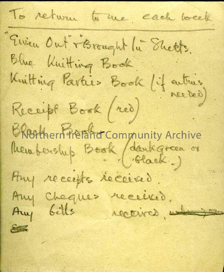 Handwritten note which lists items that are to be returned to the cash book. Lists includes ‘given out’ and ‘brought in’ sheets, blue knitting book, r…