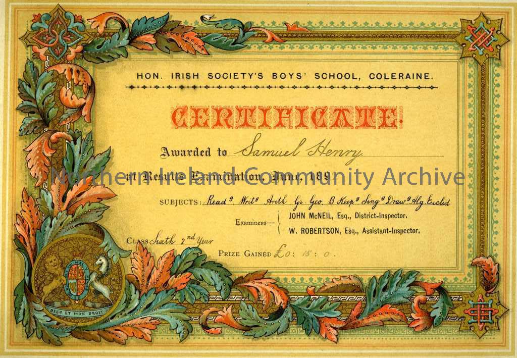 Certificate from the Hon. Irish Society’s Boys’ School 1892