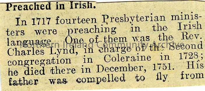 newspaper cutting re 18th century Coleraine minister preaching in Irish