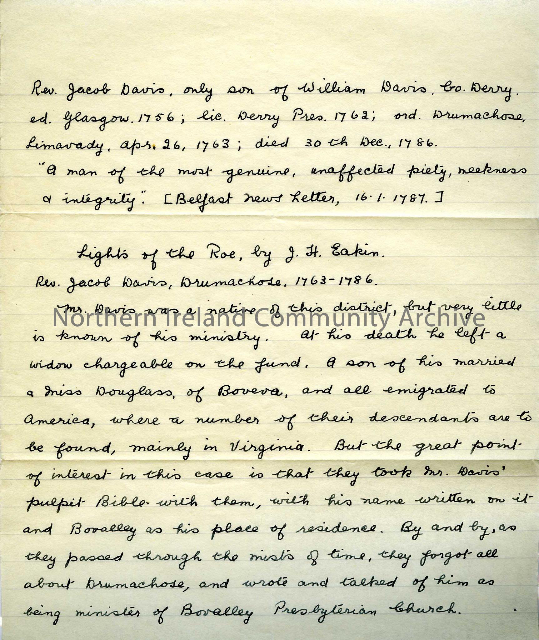 handwritten page – notes on a Rev Jacob Davis