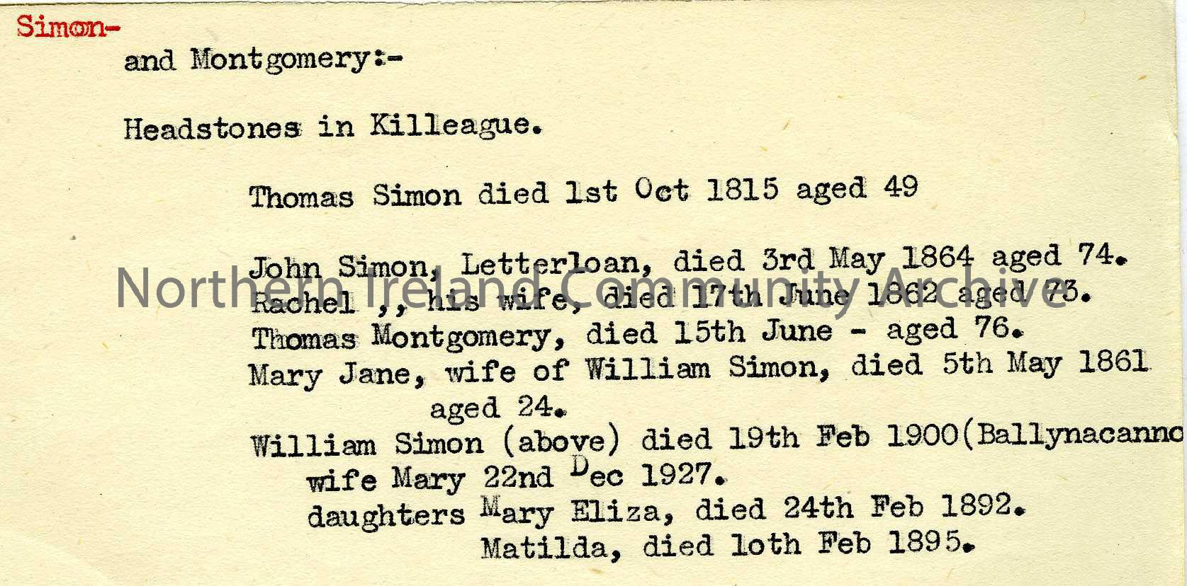 typed information re Simon and Montgomery headstones in Killeague