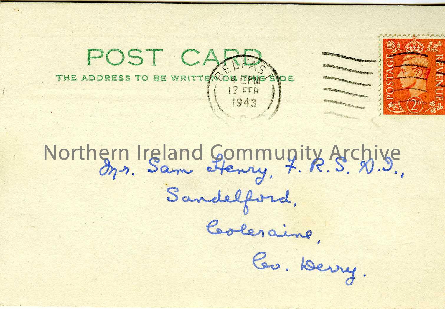 postcard preprinted with The Presbyterian Society of Ireland – handwritten with details of various ministers and posted to Sam Henry – 498_3B