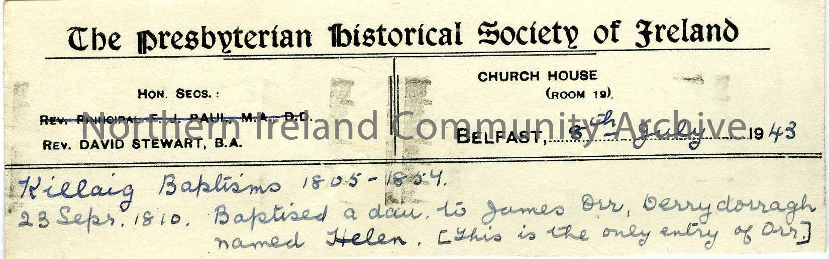 postcard preprinted with The Presbyterian Society of Ireland – handwritten with details of various ministers and posted to Sam Henry. This one has bee…