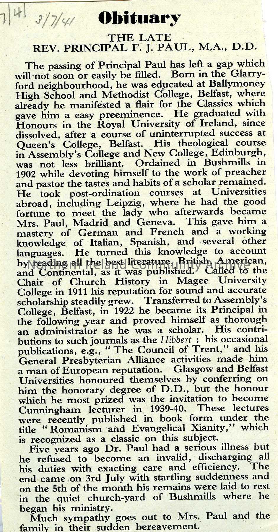 newspaper cutting re obituary of a Rev. Principal Paul