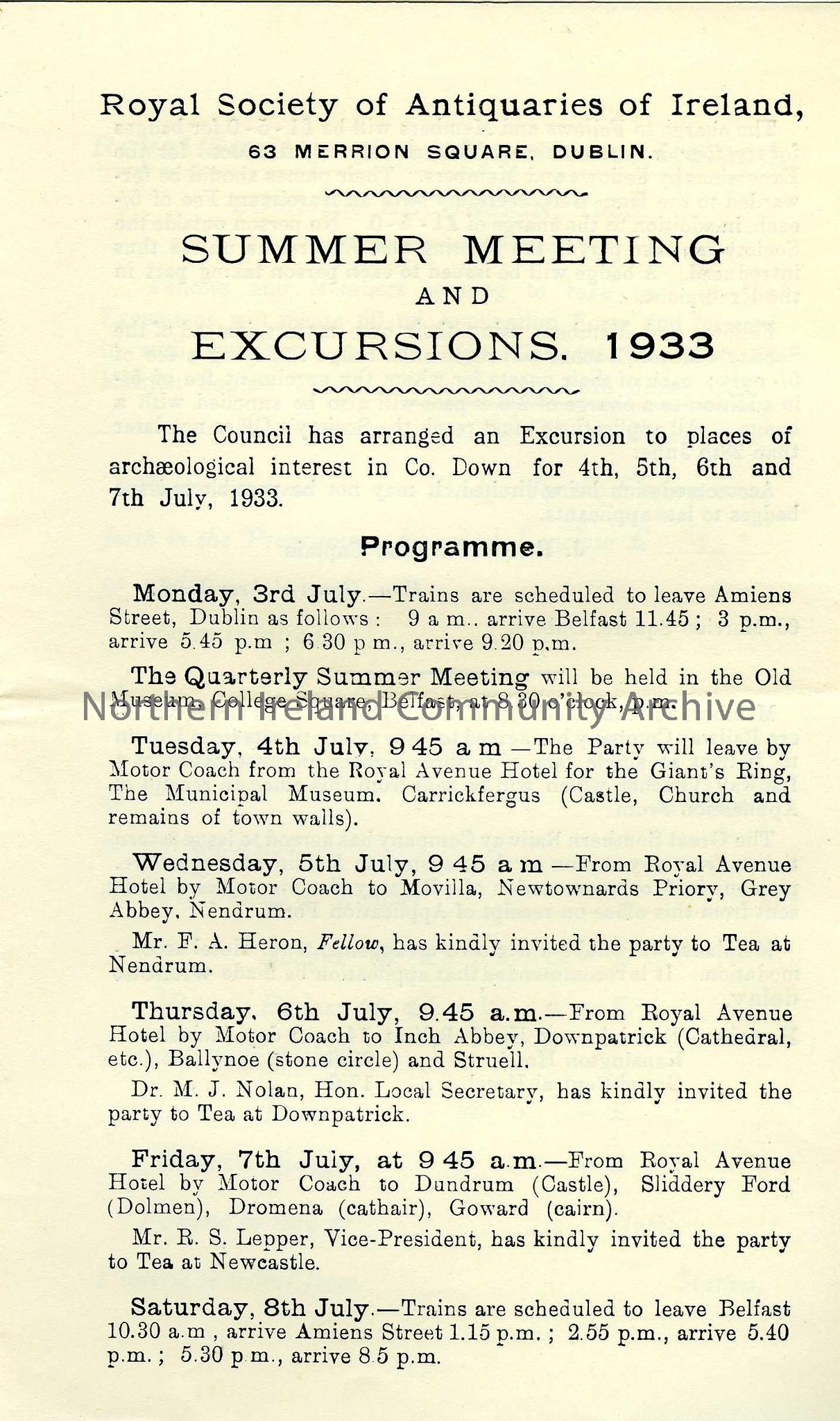 Summer Excursions and Meetings, 1933