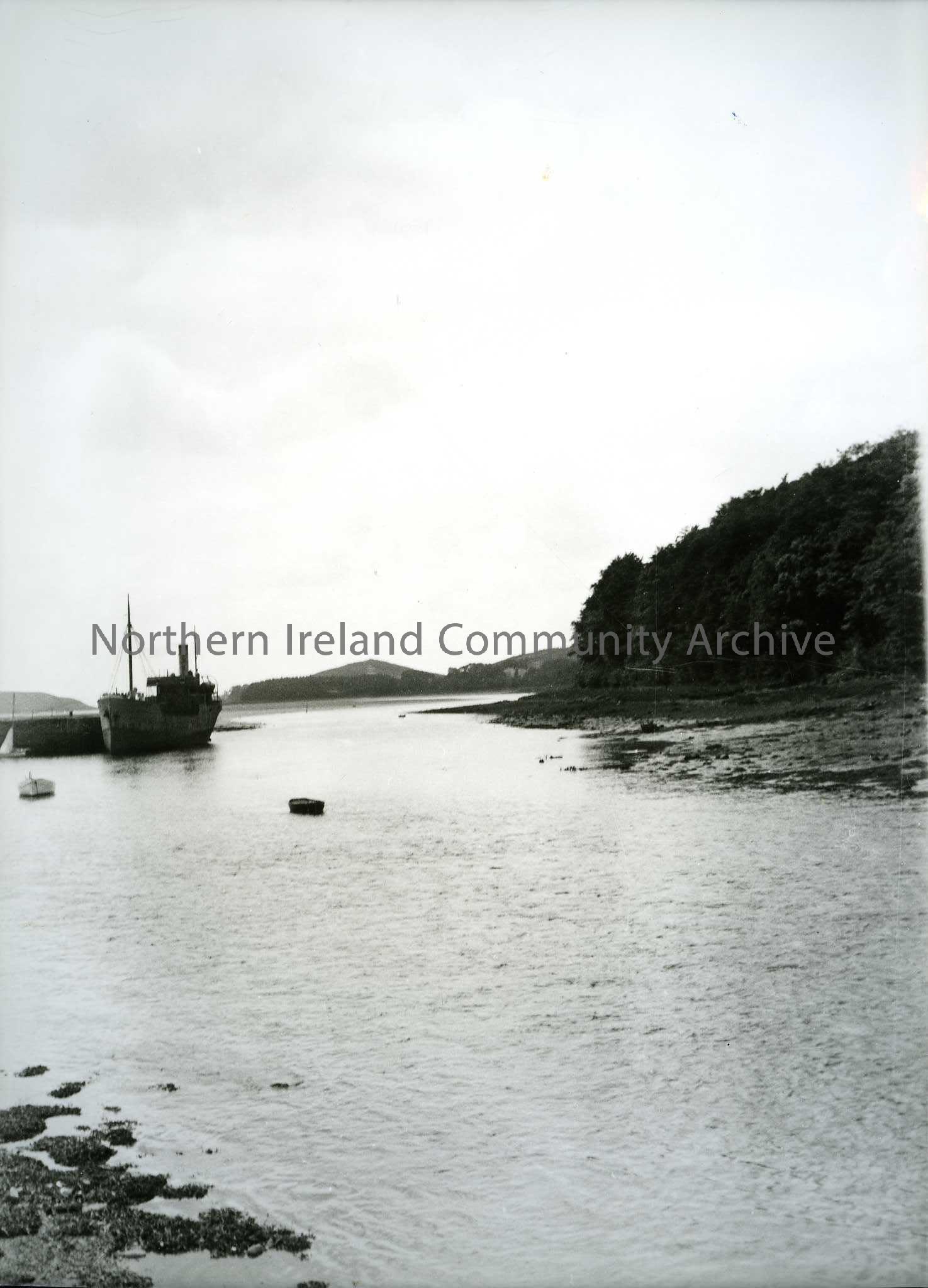 Printed black and white photograph – Water with a boat – Enniskillen Bay?