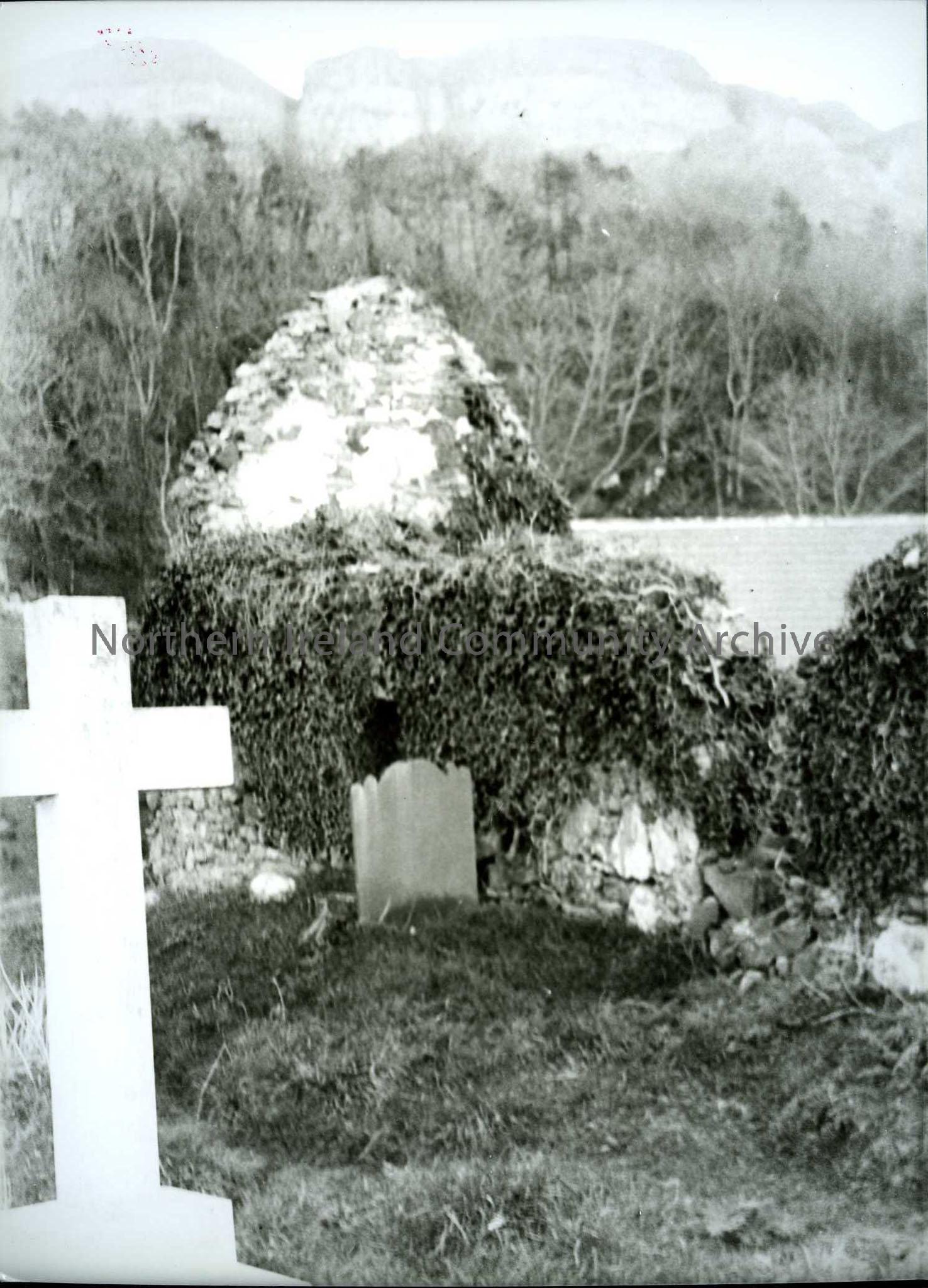 Printed black and white photograph – Church ruin and grave yard.