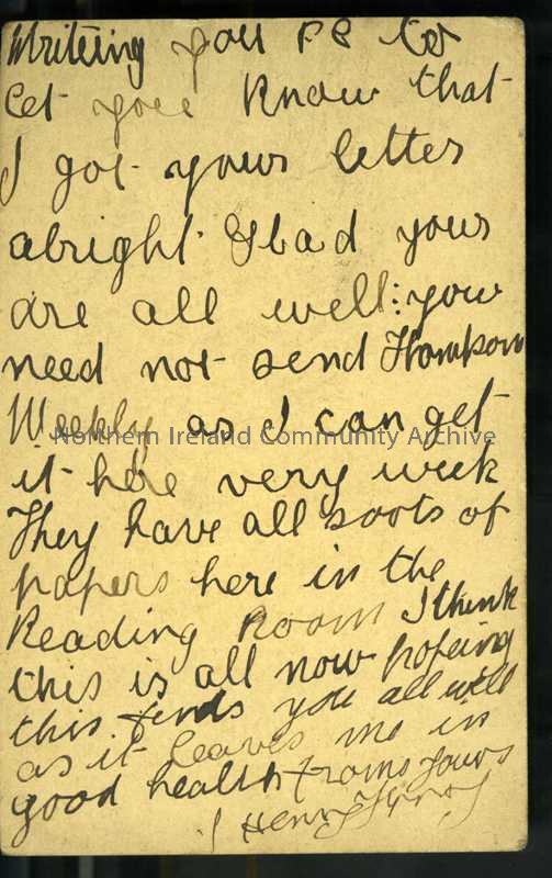 Handwritten postcard in ink from James to father with Seaford PO stamp. Can get all papers he needs in reading room – 115b
