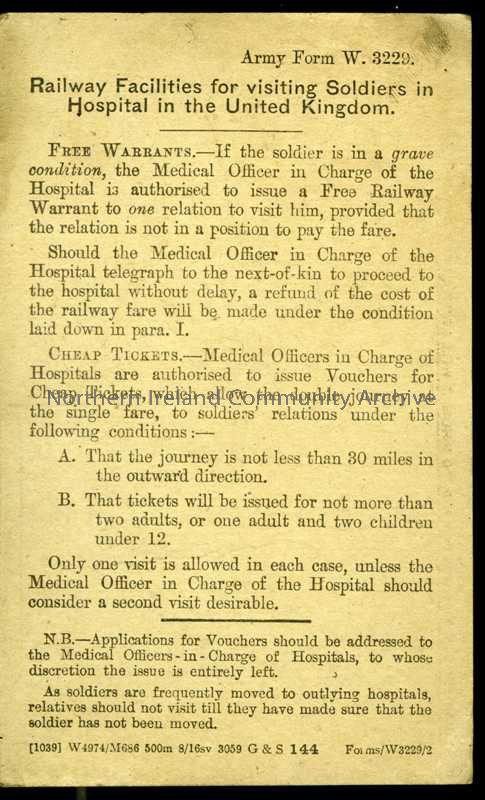 Standard hospital notification postcard – printed with information typed in spaces. James is in Military Hospital at Curragh Camp. Printed visiting in… – 131b