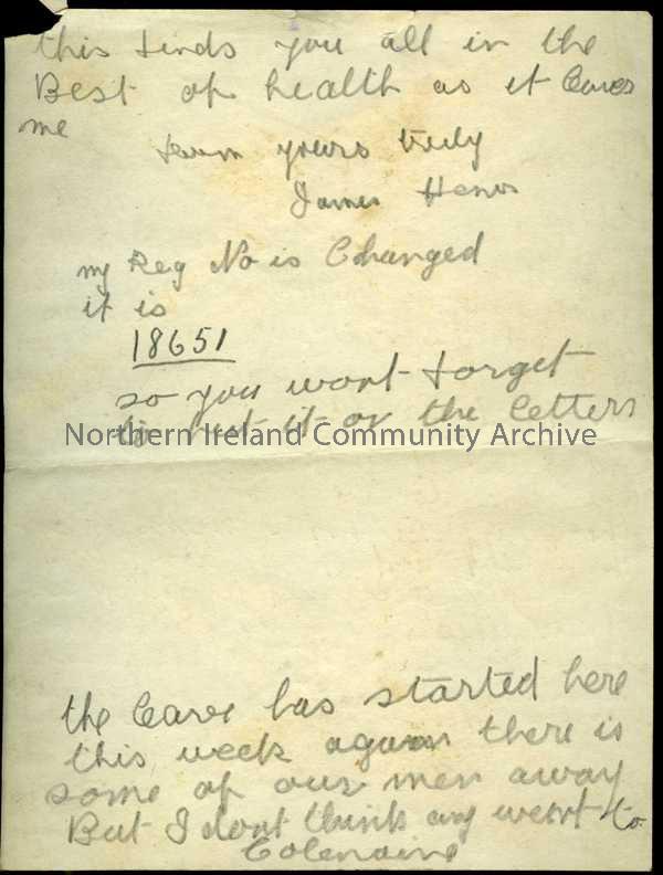 Handwritten letter in pencil from James to his father. Has been in trenches for past 10 days but hopes to be relieved soon. Expecting letter from Tomm… – 1b