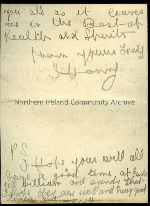 Double folded page of handwritten letter in pencil from James to his father. In trenches for past 6 days with the South Wales Borders, who lost 100 me… – 29c