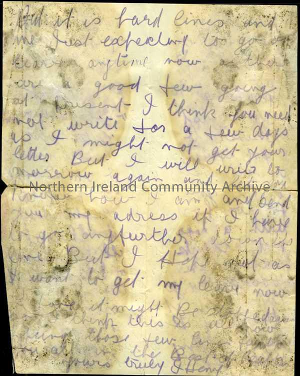 Handwritten letter in purple pencil, from James to his father. Has sore throat just as hoped to go on leave. – 2b