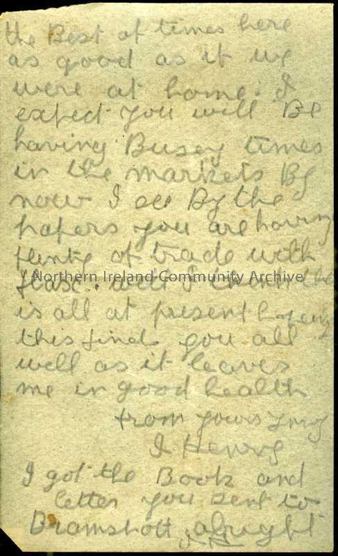 Handwritten letter in pencil from James to his father. Thanks him for Woodbine cigarettes as they cannot get them in France. Mentions flax trade and m… – 4b