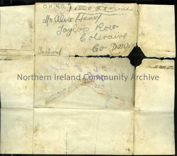 Handwritten letter in pencil from James to his father. Letter has been folded to form an envelope and then addressed and posted. Landed in Dublin, exp… – 64b