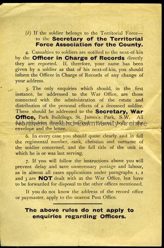 Standard printed leaflet under heading ‘Enquiries About Soldiers’ – giving instruction for various scenarios – 68b