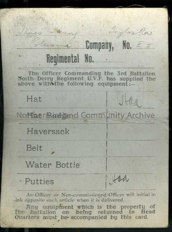James Henry’s equipment card for 3rd battalion North Derry Regiment of the UVF – notes James has been supplied with hat and putties as uniform – 69b
